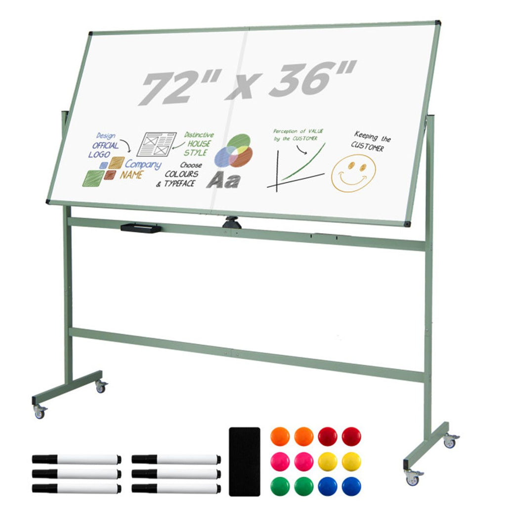 360° Rotating Double-Sided Magnetic Whiteboard, 182.88×91.44cm Writing Surface Mobile Dry Erase Board with Casters, Green