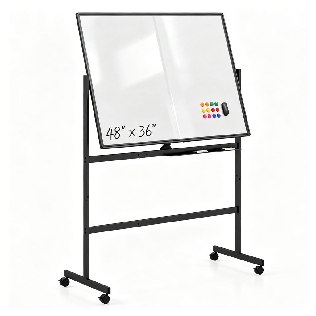 360 Rotating Double-Sided Whiteboard, 48" x 36" Magnetic Dry Erase Board with Lockable Universal Wheels, Aluminum Alloy Frame Mobile White Board with Marker Tray & Complete Accessory Kit - Black