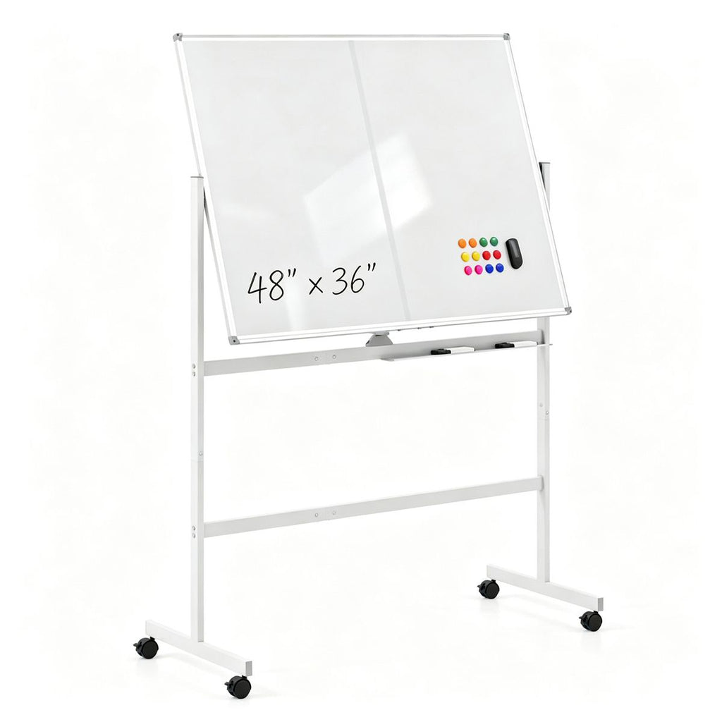 360 Rotating Double-Sided Whiteboard, 48" x 36" Magnetic Dry Erase Board with Lockable Universal Wheels, Aluminum Alloy Frame Mobile White Board with Marker Tray & Complete Accessory Kit - White