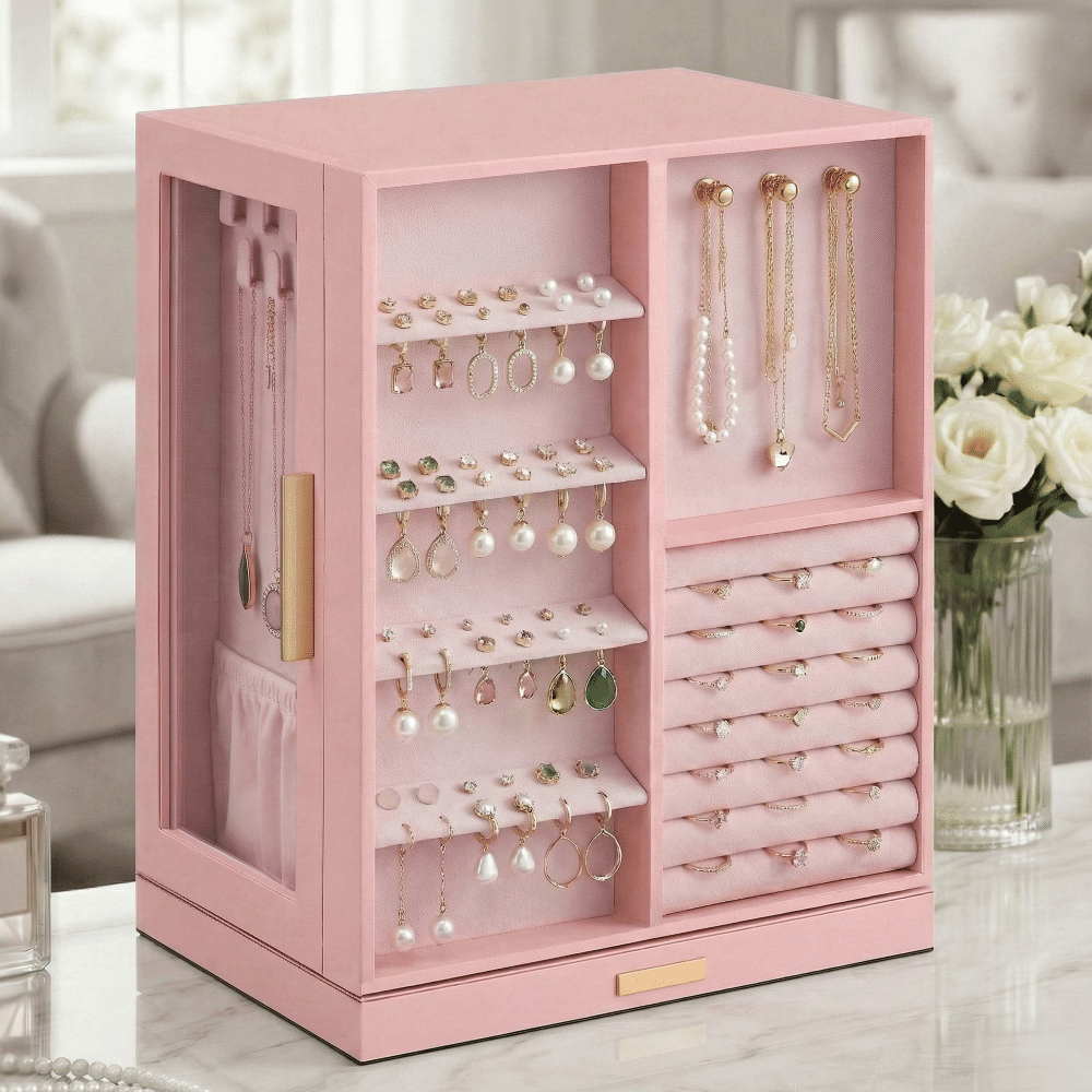 360 Rotating Jewelry Box Organizer with 5 Drawers, Vertical EarringStorage, 8.7 x 6.3 x 11 Inches, Pink