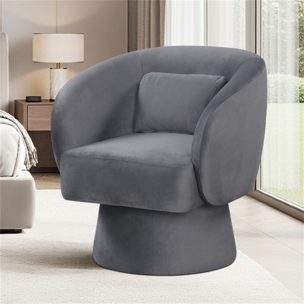 360° Swivel Barrel Chair - Plush Upholstery+Lumbar Pillow, 400lbs Capacity, Gray
