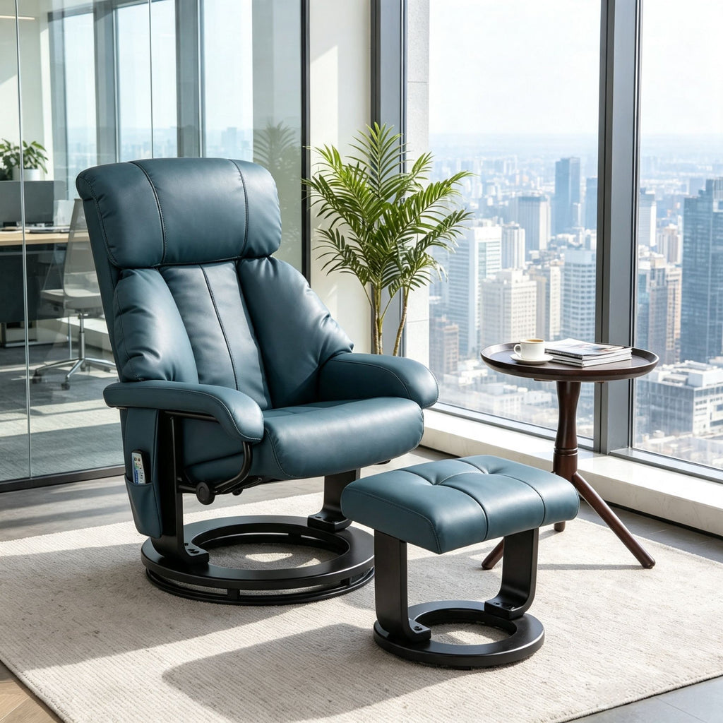 360 Swivel Massage Recliner Chair, 10-Point Vibration Footstool for Living Room, Blue