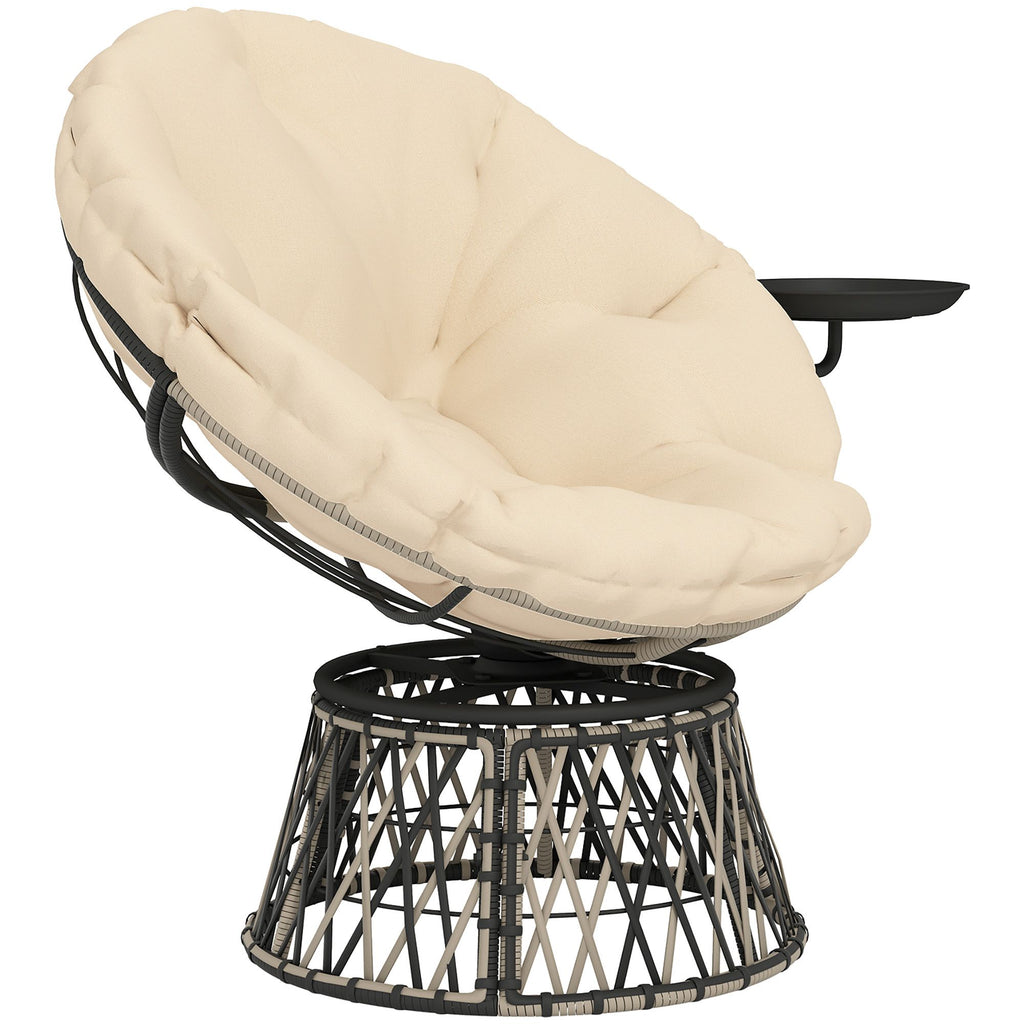 360° Swivel Outdoor Papasan Chair, Overstuffed Circle Chair with Side Tray, Thickened Cushion for Indoor, Patio, Beige