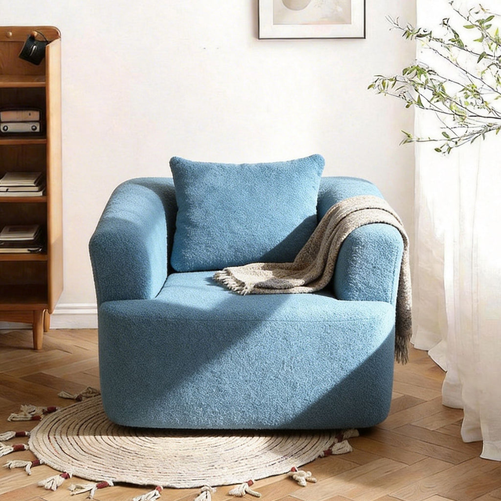 360 Swivel Round Upholstered Comfy Chair With One Soft Pillow, Teddy Fleece High-Resilience Sponge Single Sofa, No Assembly for Living Room, Bedroom, Apartment, Blue