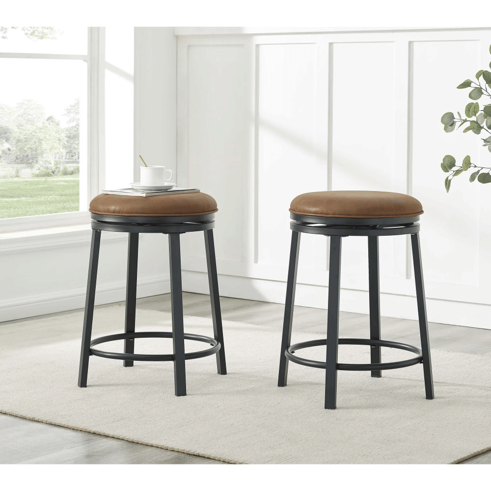 360 Swivel Stools Set of 2 Modern Counter-Height Stools with Brown Fabric Seat & Black Metal Frame