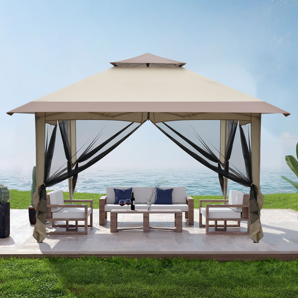 3.6*3.6m Oxford Cloth White Plastic-Sprayed Iron Pipe Right-Angle 4-Sided Gauze Mesh Double-Top Overhangs Portable One-Key Opening Folding Shed Khaki