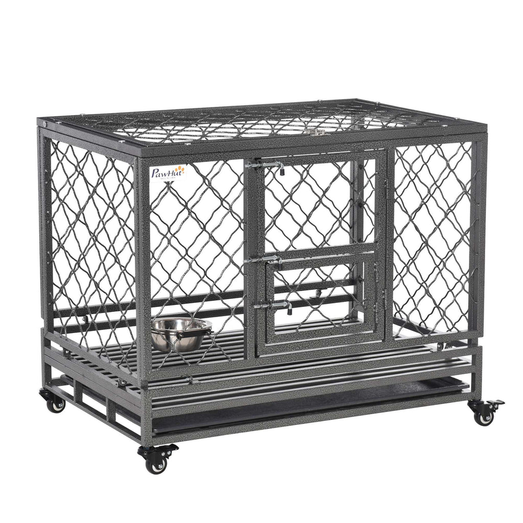 365 Heavy Duty Dog Cage Metal Kennel with Wheels Tray and Food Bowl Black