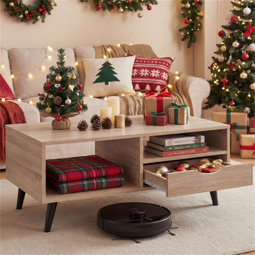 36.5" Rustic Coffee Table with Drawer & Open Shelves, Engineered Wood Center Table for Living Room Natural
