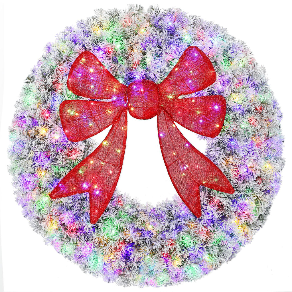 36in Flocked Pre-Lit Christmas Wreath with 3D Red Bow, 11 Lighting Modes, Front Door Christmas Wreath with Remote