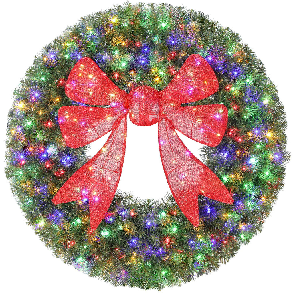36in Pre-Lit Christmas Wreath with 3D Red Bow, 11 Lighting Modes, Front Door Christmas Wreath with Remote
