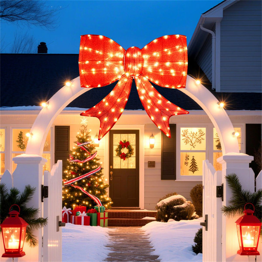 37" Christmas Bow Decoration: 150 Warm LEDs, Red Fabric, Weatherproof, 2 Hanging Rings, Easy Assembly for Door/Fence/Garage