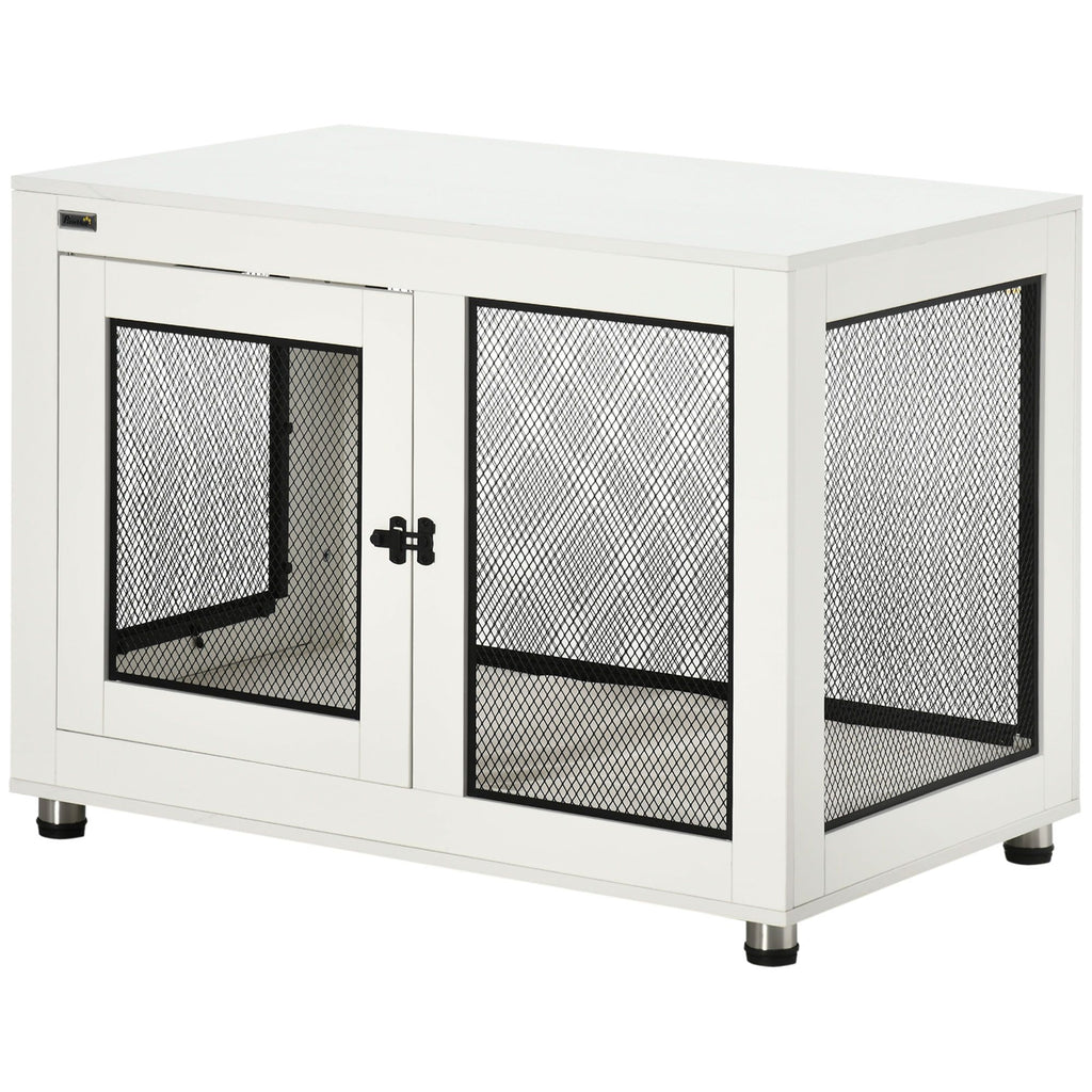37" Dog Crate Furniture with Water-Resistant Cushion & Double Doors, Dog Cage End Table for Large Dogs, White