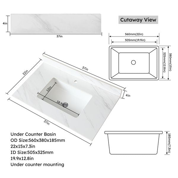 37 Inch Marble Vanity Top, White Vanity Top with Pre-drilled Faucet Holes, Bathroom Vanity Top with Undermount Rectangular Middle Sink and 4" Height Backsplash Single Hole