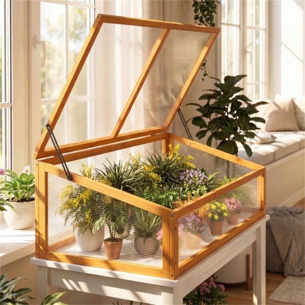 37" x 25' x 16' Wooden Cold Frame Greenhouse with Adjustable Polycarbonate Roof, Portable Mini Hot House for Extending Growing Season