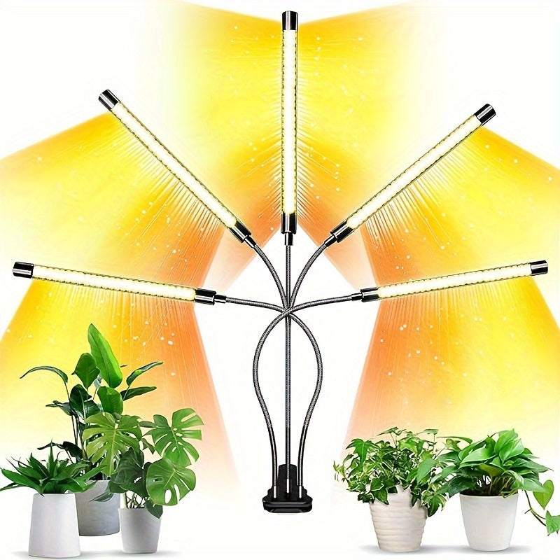 Full Spectrum Indoor Plant Growth Light, Upgraded Version with 100 LED Bulbs, Featuring a Sturdy Clip, 5-Head Indoor Plant Growth Lamp, Adjustable Gooseneck, Equipped with 3/6/12H Automatic Timer, 3 Lighting Modes, And 5 Leve