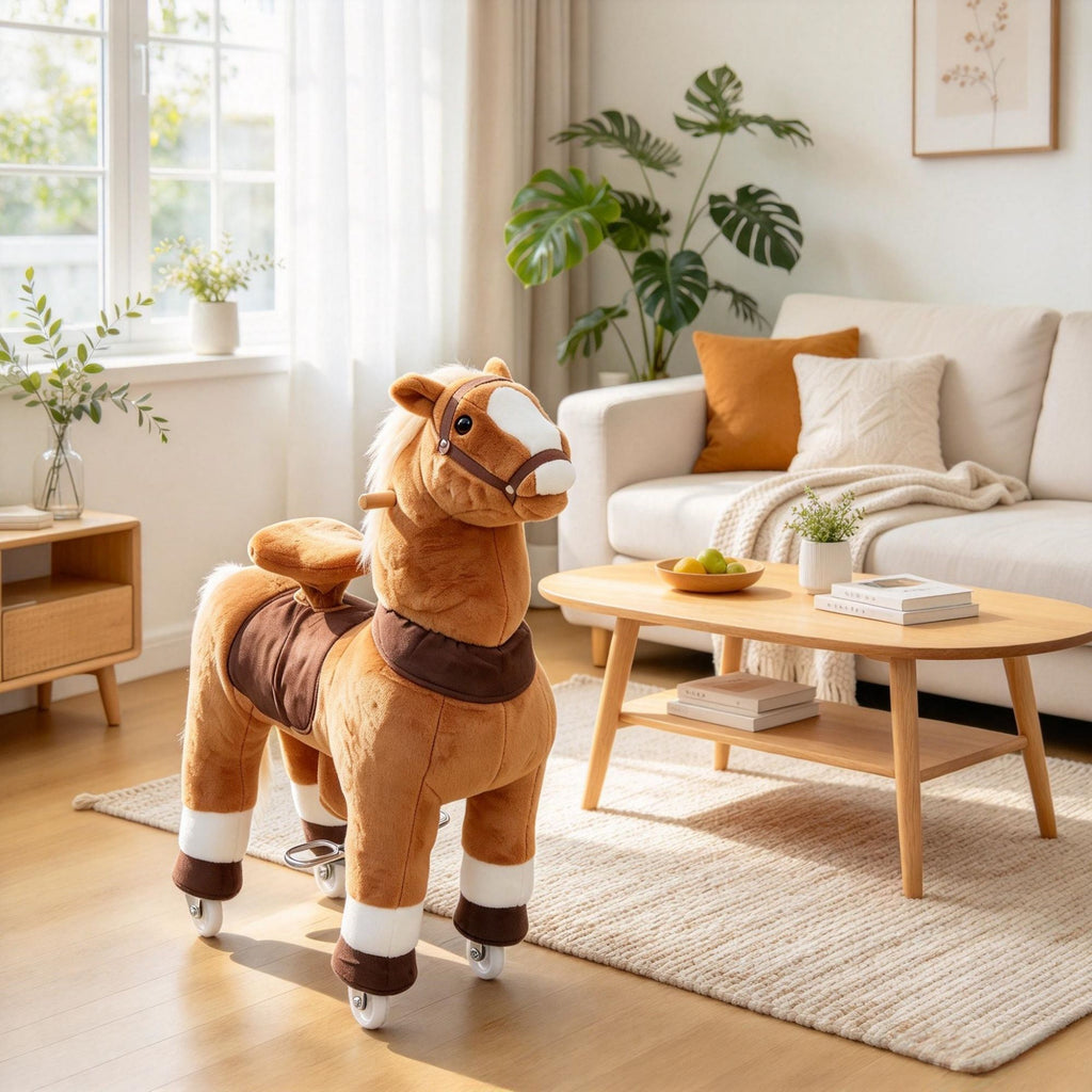 37.4 Inch Ride-On Horse for Kids Ages 412, Plush Riding Pony with Rolling Wheels for Active Play, Brown