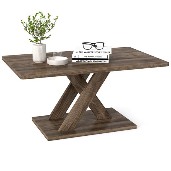 37.5" Rustic Brown Coffee Table - Geometric Design+Wood Texture, Rubber Wood Plywood Frame