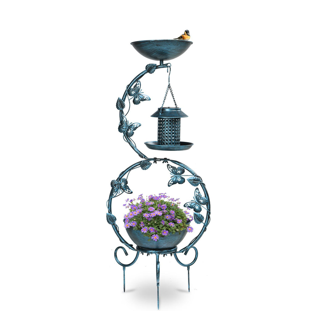 37.8 inch Bird Bath and Solar Bird Feeders Combo with Flower Planter Pedestal, Weather Resistant Metal Bird baths for Outdoors, Decorative Birdbath with Butterfly for Garden Yard, Antique Blue