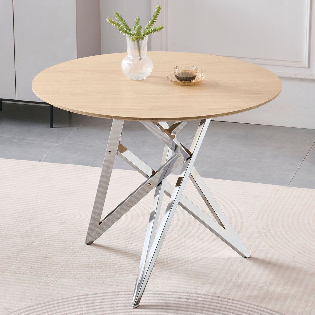 37Inch Round Dining Table, Small Round Kitchen Table With Silver Metal Legs, Suitable For 2 To 4 People, Modern Dining Room Table, Burlywood.