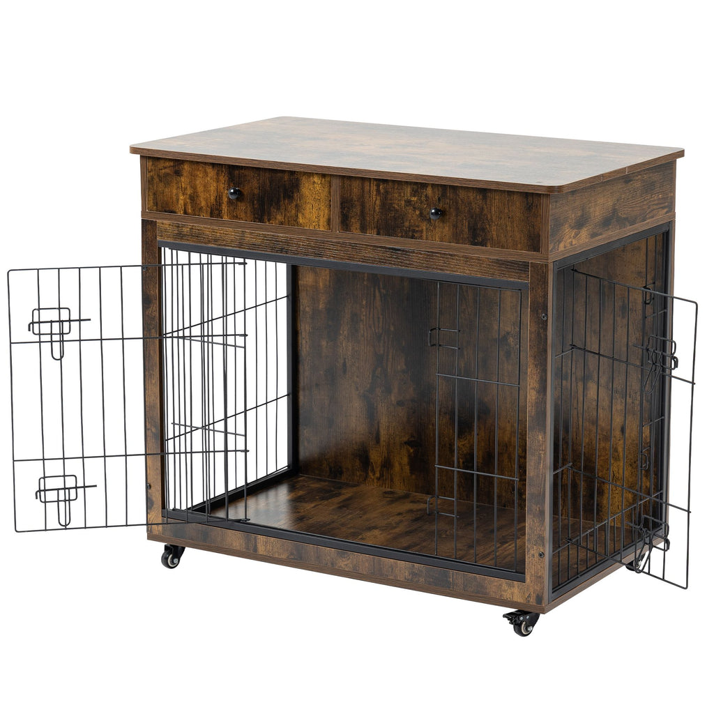 38.4" Wooden Dog Crate Furniture Decorative Pet Cage Dog Kennel with 2 Drawers