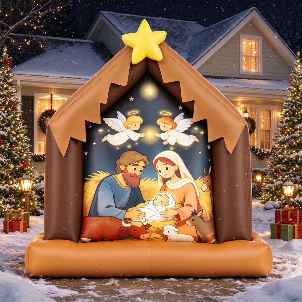 3.9 FT Christmas Inflatable Nativity Scene with Holy Family, Angels & Star, Built-in Cool White LED Lights, Blow Up Manger Decor for Yard Church Outdoor Holiday Display