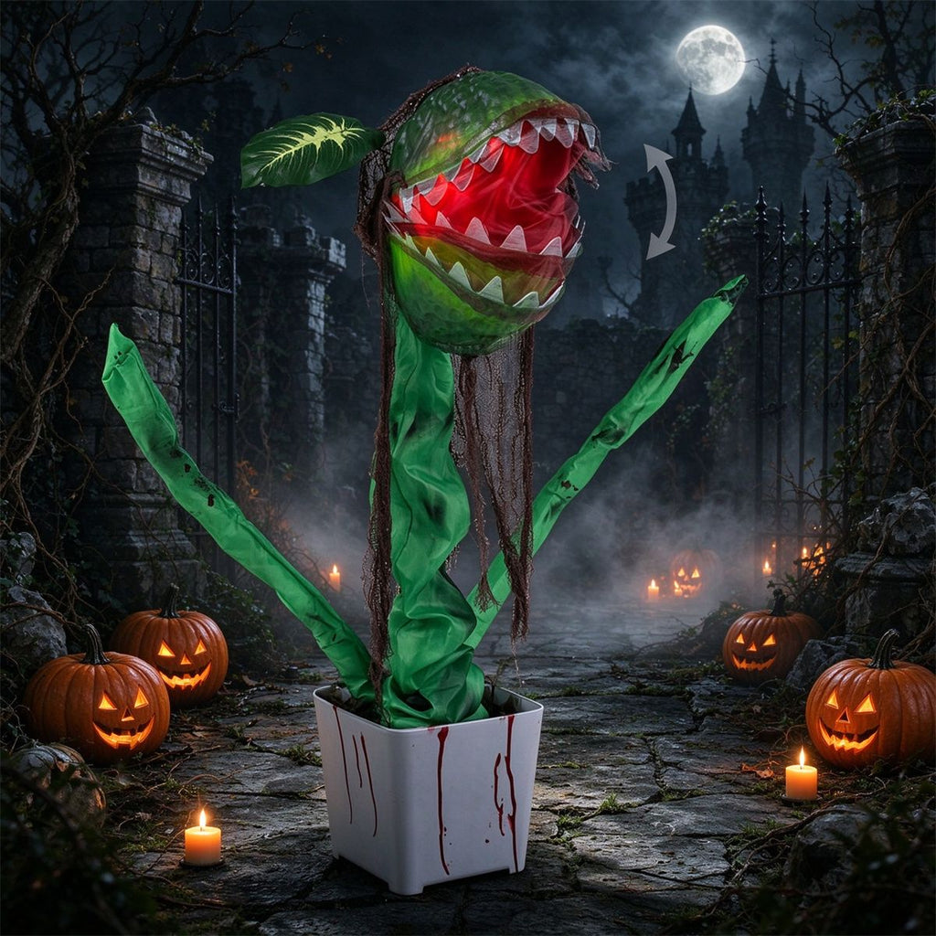 39" Halloween Animatronic Man-Eating Plant Prop, Sound Activated with Chomping Motion & Crimson Glow, Posable Leaves Monster Flower for Haunted House Porch Decor