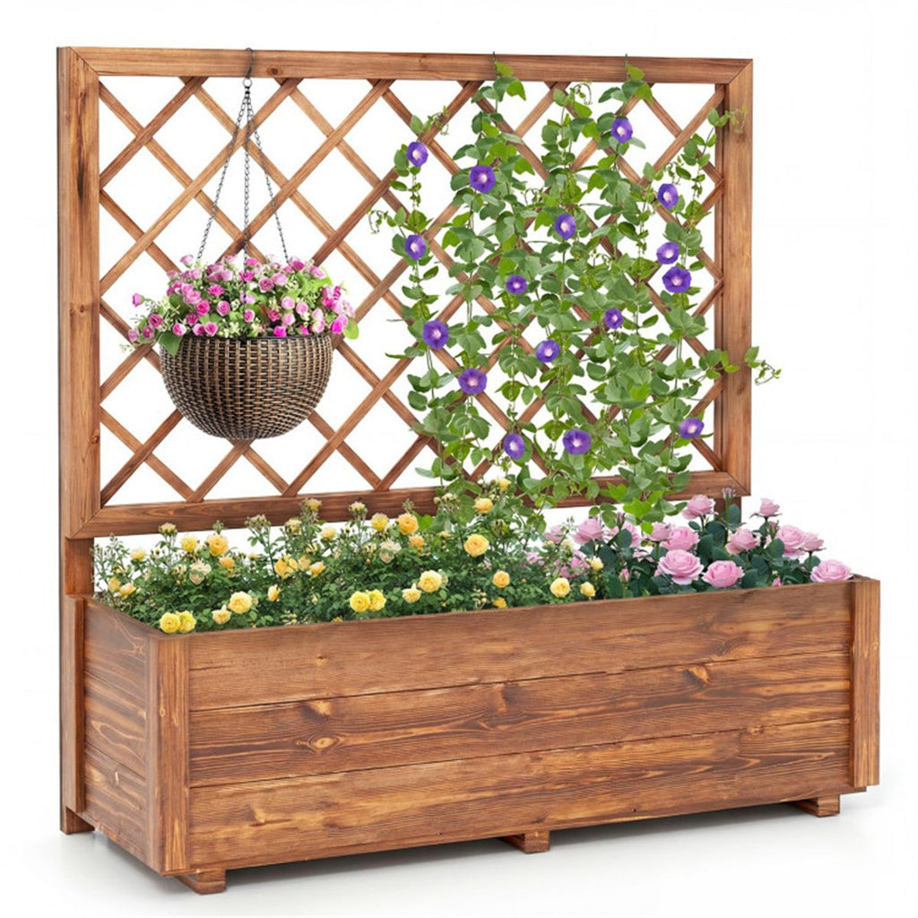 39" Pine Wood Raised Garden Bed with Diamond Trellis, Elevated Planter Box for Climbing Plants