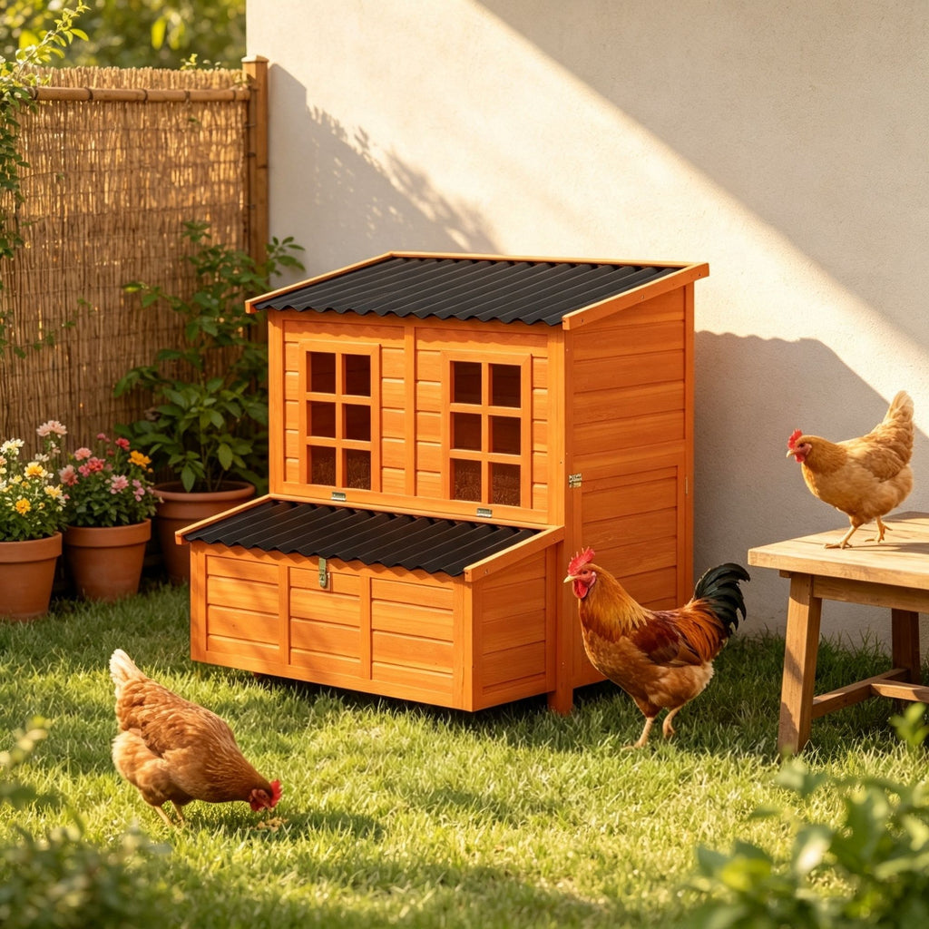 39" Wooden Chicken House, Chicken Coop with Nesting Box, Pull-Out Tray, Waterproof Roof for 2-4 Chickens Rabbits