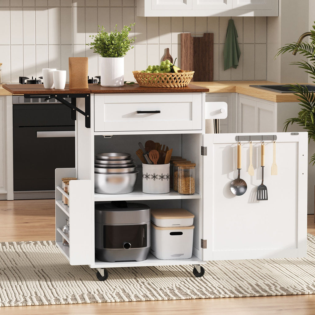 39.3" Farmhouse Kitchen Island with Drop Leaf, Kitchen Storage Island with Open Side Rack, One Drawer, Towel Rack, Rolling Kitchen Cart with Lockable Wheels for Lawn Garden, White