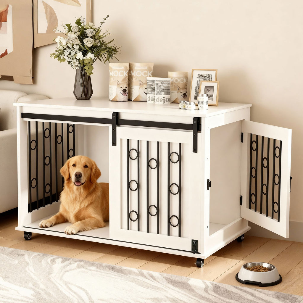 39.37'' Modern Wooden Dog Crate Furniture with Sliding Barn Door and Side Door, Indoor Dog Kennel End Table for Small to Medium Dogs, Decorative Pet Crate with Metal Bars and Lockable Wheels – White