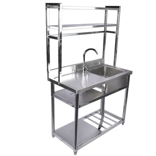 39.4in Stainless Steel Utility Right Sink, Single Bowl Sink for Kitchen, Garage, Right Sink Left Platform Commercial Sink w/ Shelves with Hot and Cold Water Faucet