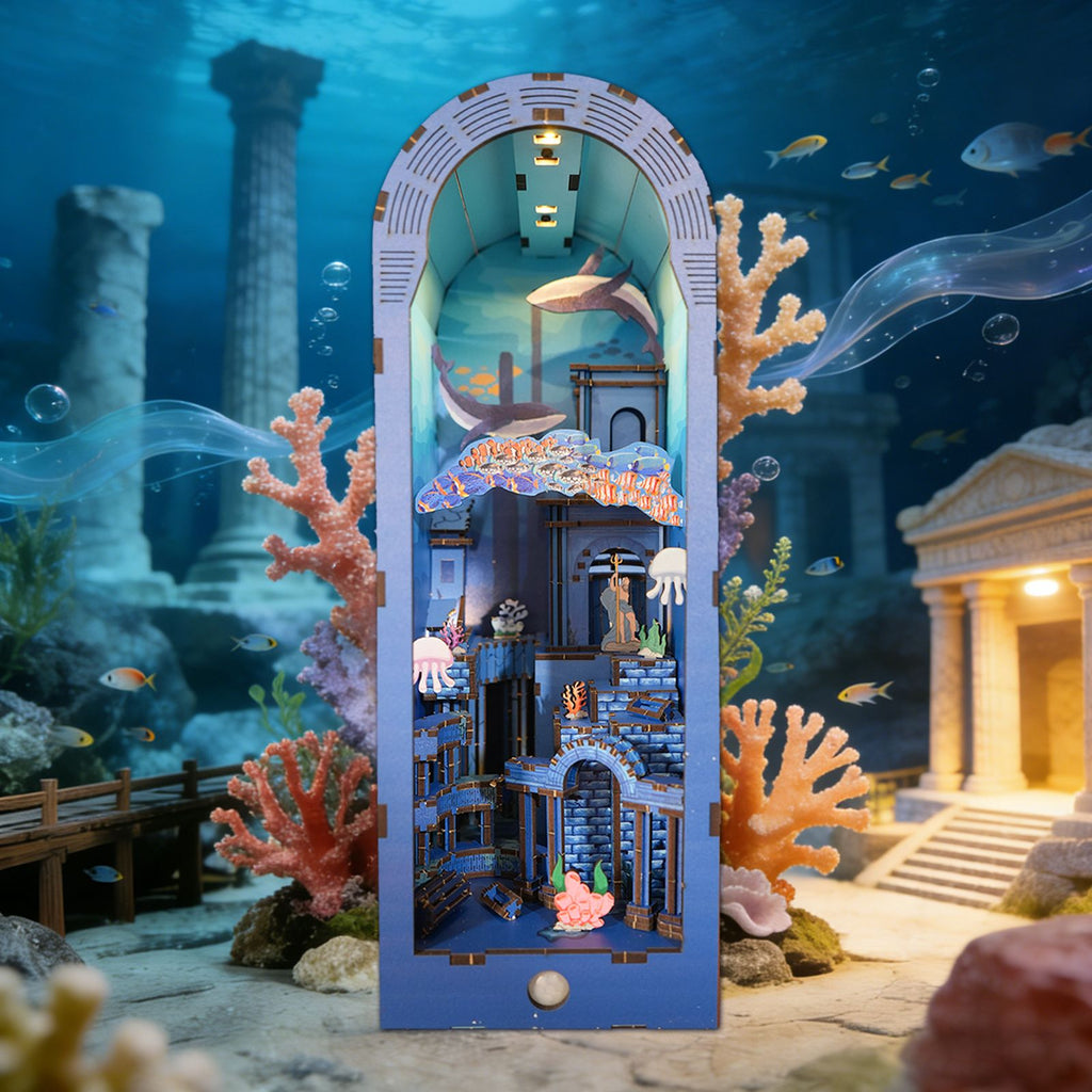 3d wooden puzzle for adults Atlantis book nook with lights model kit dollhouse DIY miniature house Birthday and Christmas gifts