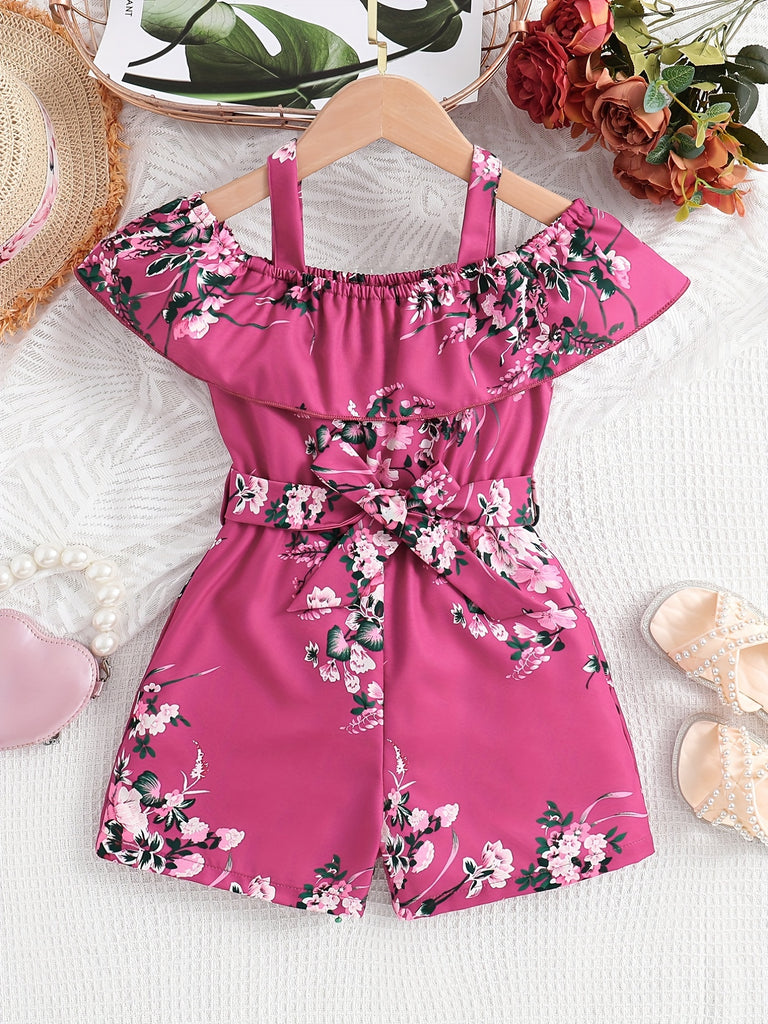 Girls Charming Ruffle Off-Shoulder Dress Jumpsuit with Vibrant Flower Graphic - A Stylish Summer Essential for Little Fashionistas