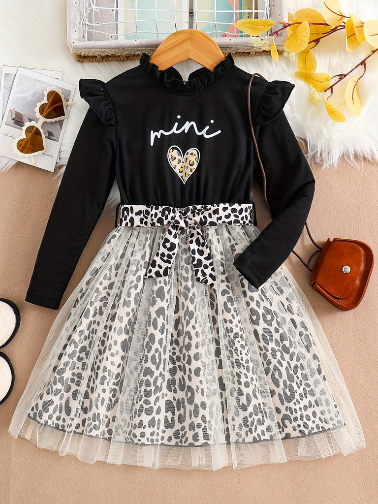 Baby Girls Toddler Girls Elegant & Cute Leopard Print Mesh Dress With Bowknot Belt Letter Print Long Sleeve Ruffle Trim For Spring And Summer, Party, Holiday