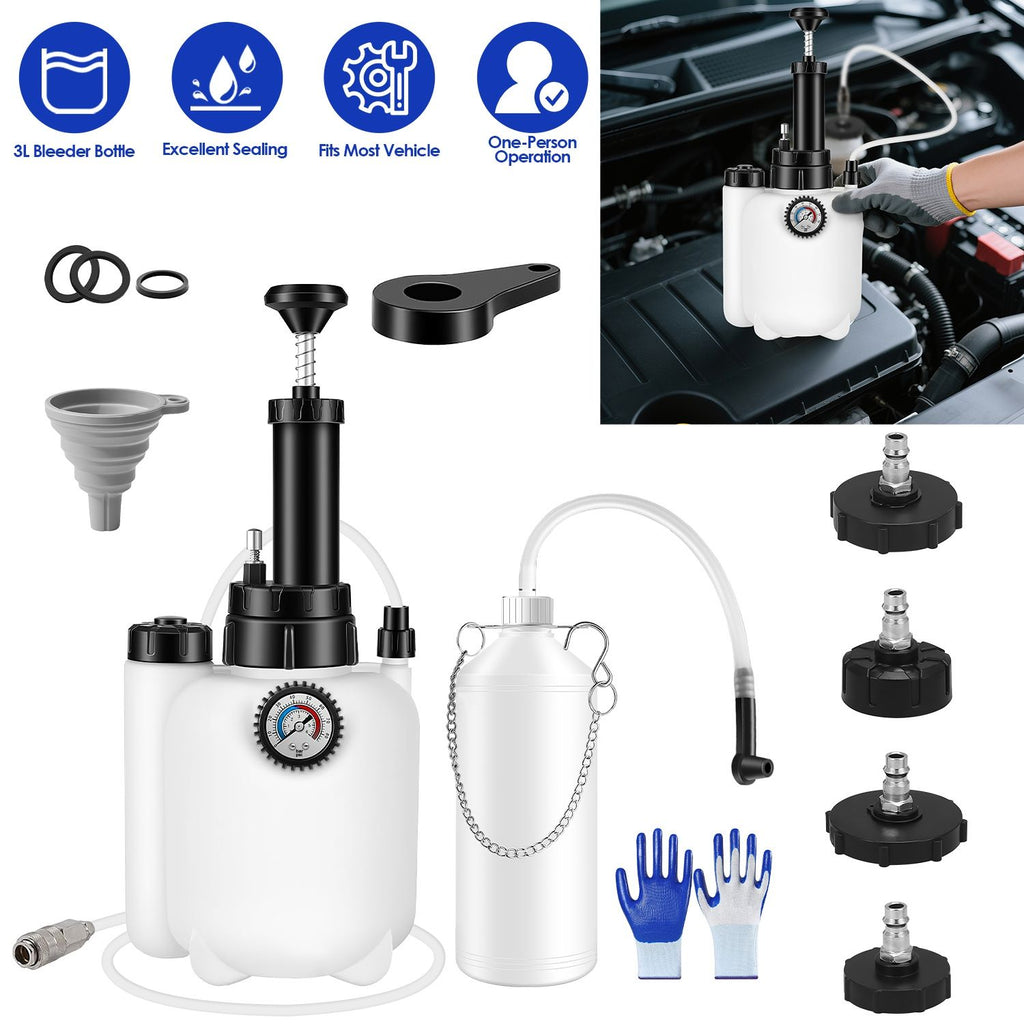 3L Brake Bleed Kit Manual Brake Bleeder Vacuum Pump Kit with 1L Waste Oil Bottle&4 Master Cylinder Adapters,One Person Pneumatic Brake Fluid Extractor Tool for All Vehicles