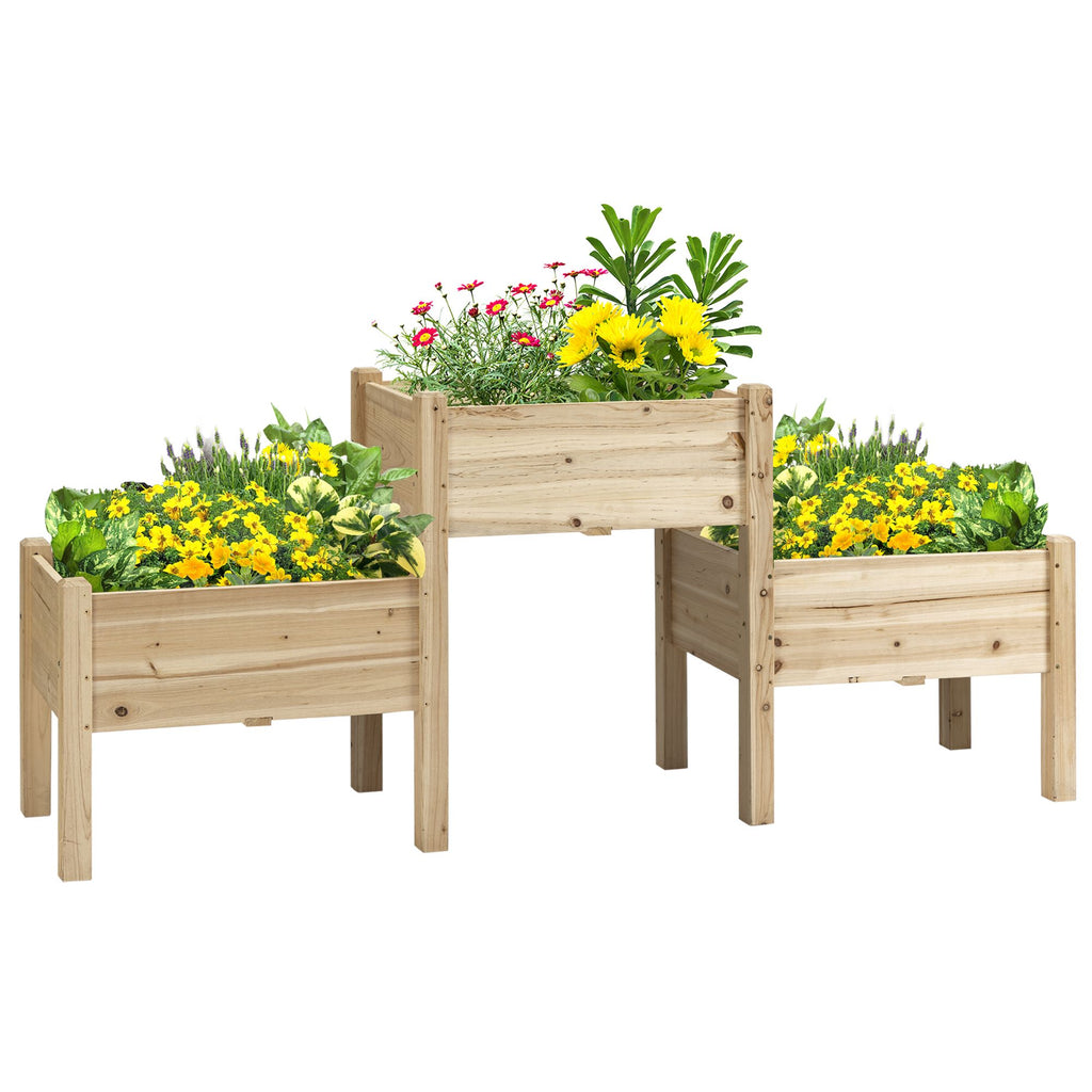 3pc Wooden Garden Box Set, Elevated Plant Stand with Two-Tiered Design, Drainage Holes, Natural