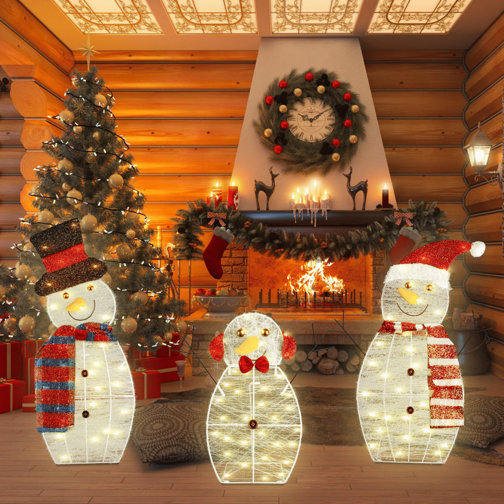 3Pcs 2D Christmas Snowman Yard Decoration Snowman Family Outdoor Decoration With 60Pcs LED Warm Yellow Lights IP44 WaterproofForChristmas Indoor OutdoorHolidayDisplay