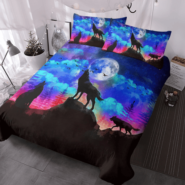 3pcs Blue Sky Black Wolf Bedding Animal leaders Duvet Cover Sets light Moon under the dark sky Bed Sets Animal lovers Themed Comforter Cover with 2 Pillowcases King Size(temu can only be self-picked