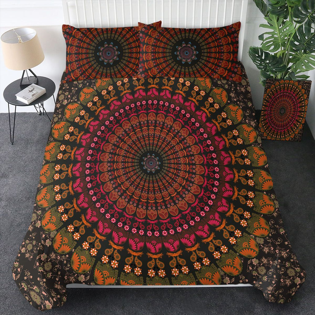 3pcs Mandala Duvet Cover, Red Bohemian Bedding Set, Vintage Bedspread with 2 Pillowcases