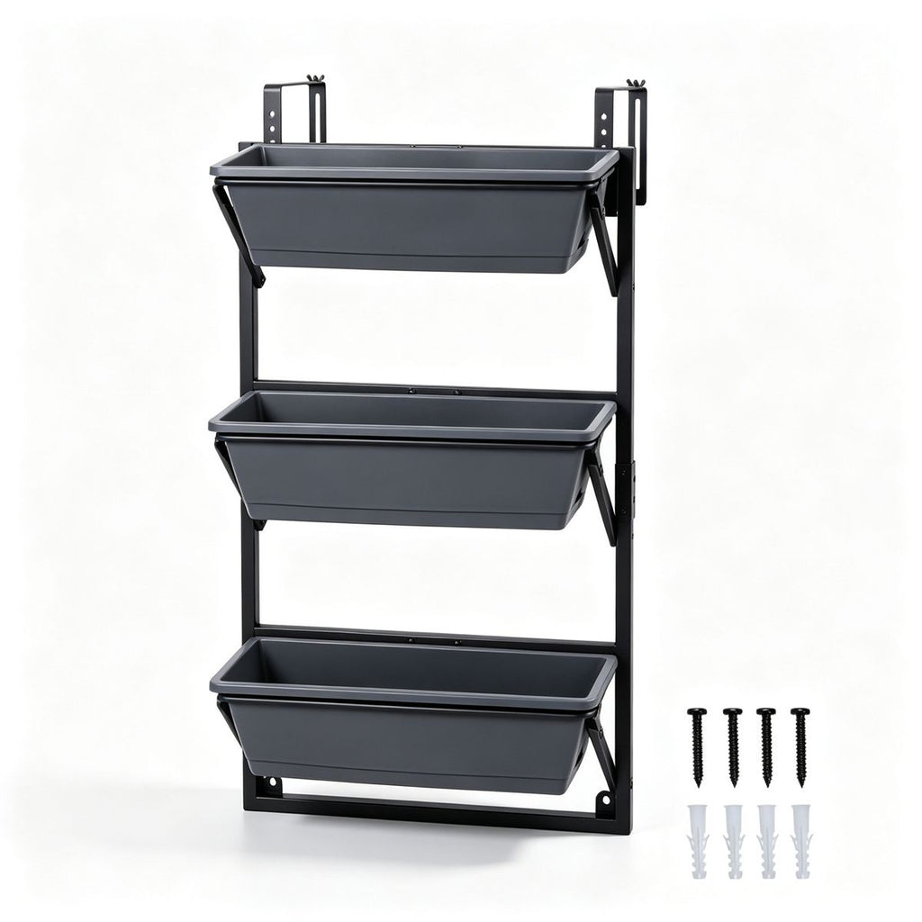 3Tier Deck Railing Planter, SelfWatering Hanging Garden Box with Drainage Tray, Metal Frame Vertical Plant Holder, 2Way Mount Herb Flower Vegetable Planter for Porch Fence Window