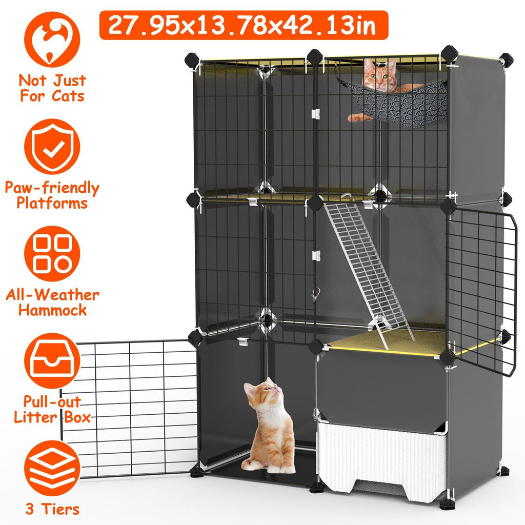 3Tier MultiSpace Cat Enclosure Cage, Indoor Cat Play House with Litter Box Drawer, Reversible Hammock for Kittens, Rabbits, Chinchillas and Small Pets