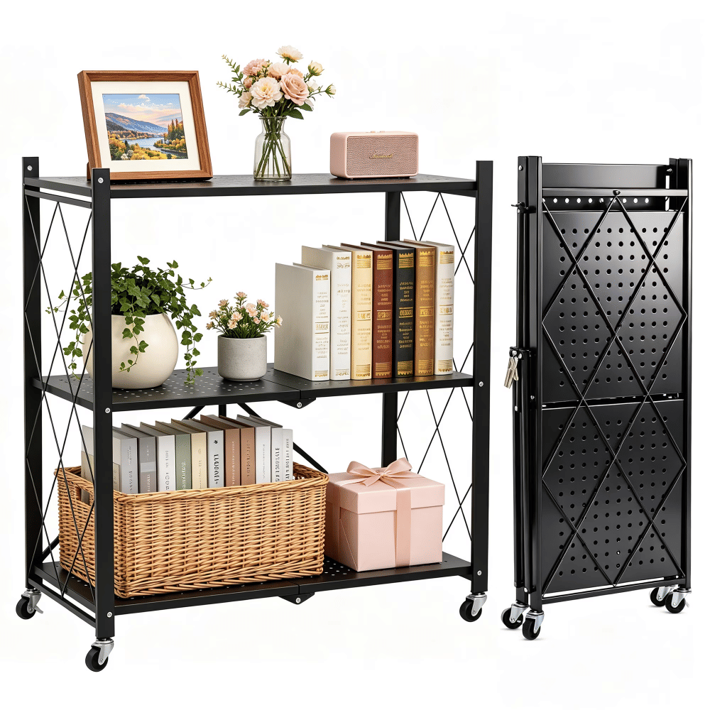 3Tier RollingStorageRack with Wheels, Foldable HeavyDuty MetalStorageShelves, Organizer ShelfforKitchenLiving Room, Black
