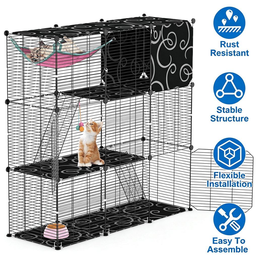3Tier Wire Cat Playpen Cage, Modular Pet House with Hammock, Toy Ball, 3 Doors & 2 Ladders, for Indoor Cats, Rabbits, Chinchillas & Guinea Pigs