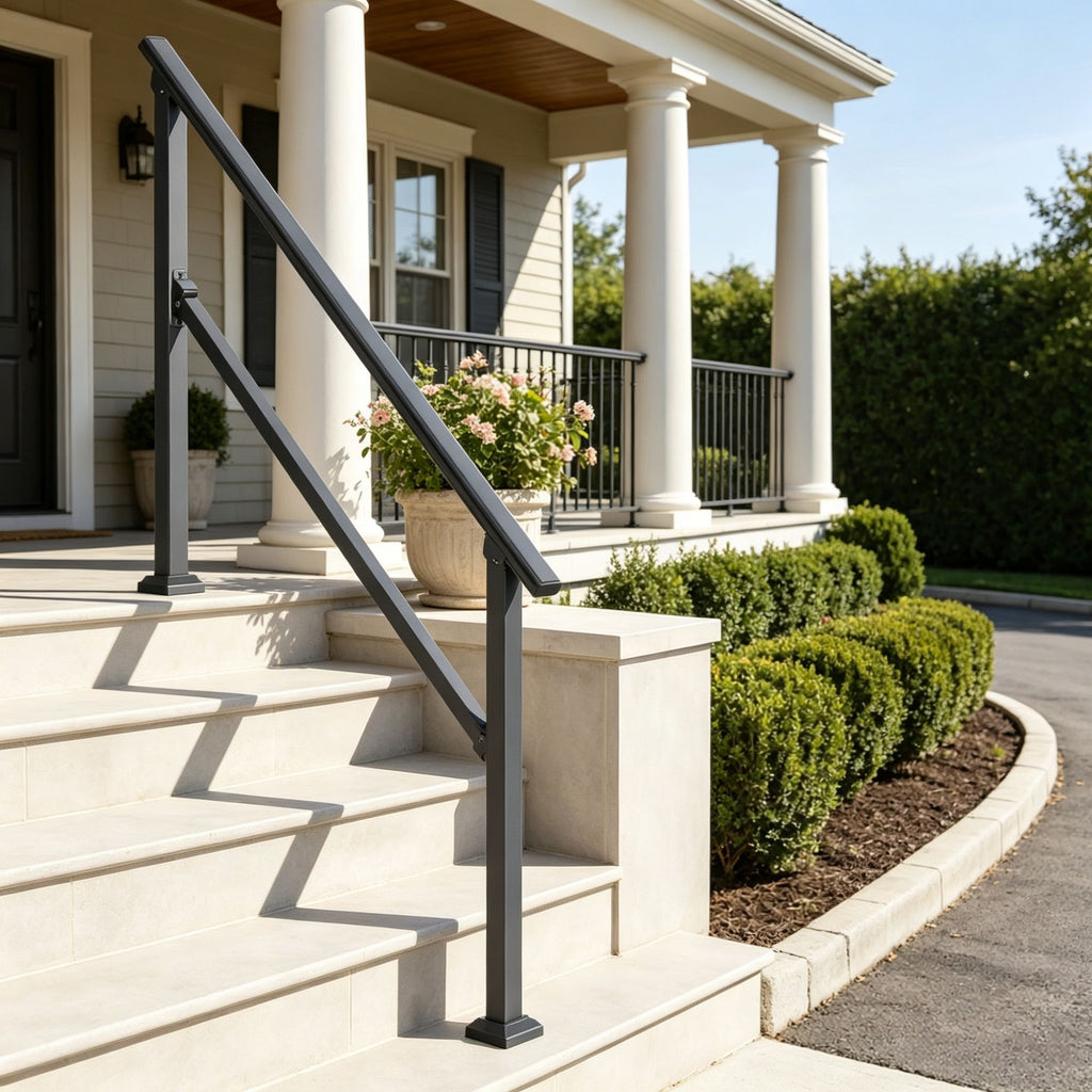 4-5 Step Stair Handrail Kit for Outdoor Steps, Black Square Tube Design