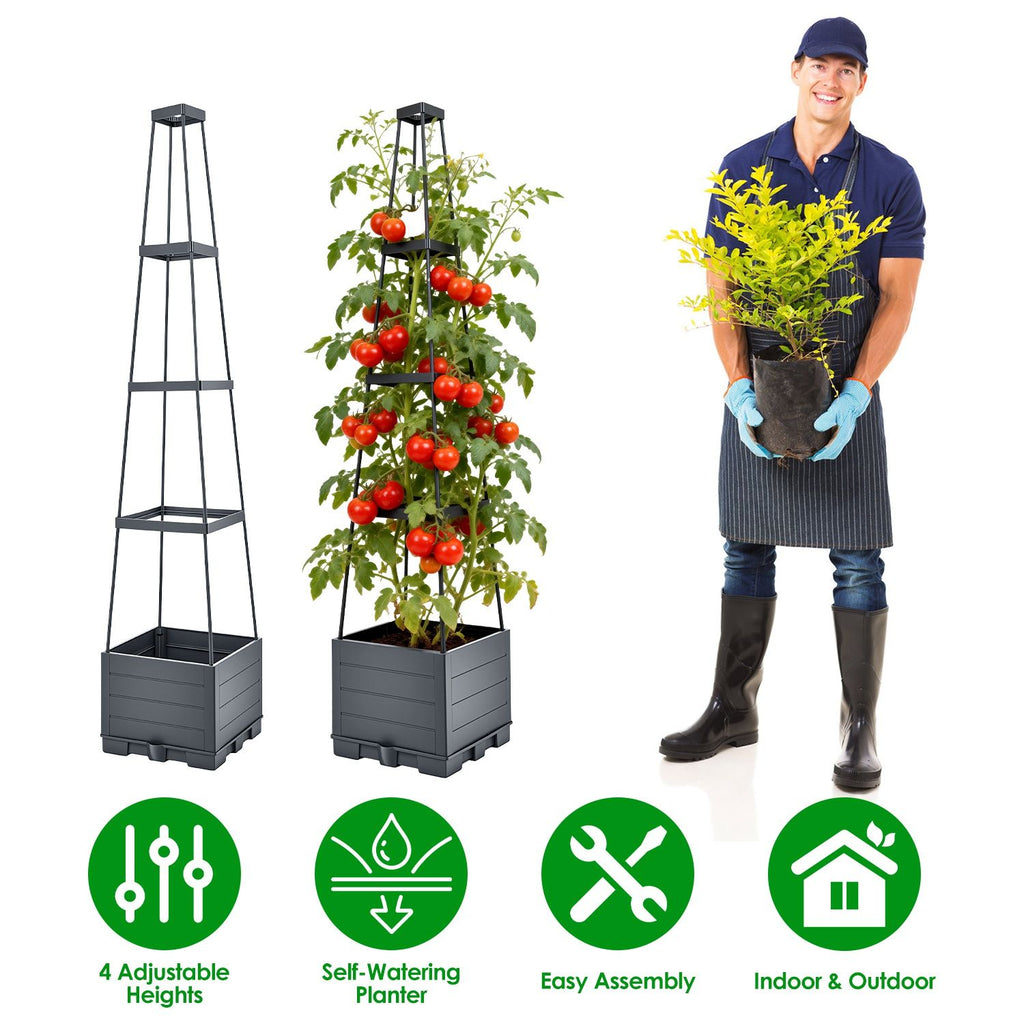 4 Adjustable Height Self-Watering Raised Planter Box with Trellis, Built-in 2L Water Reservoir PP Climbing Plant Container with Plant Clips & Garden Ties for Tomato Cucumber Vine