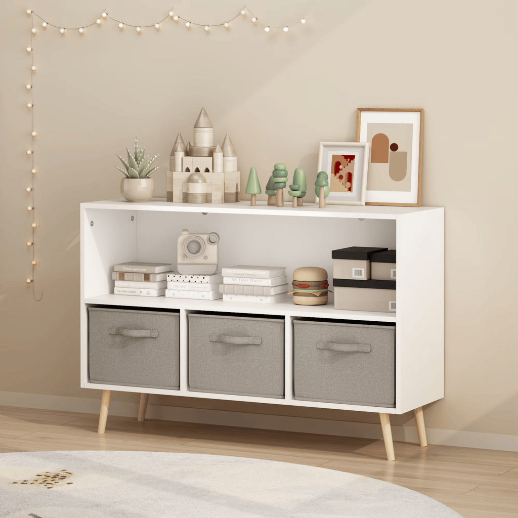 4 Cube Kids Bookcase & ToyStorageOrganizer with 3 Fabric DrawersforPlayroomStorage,Gray