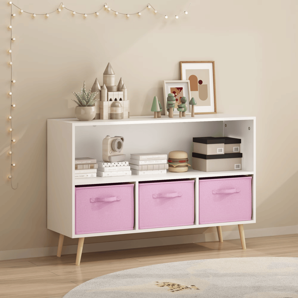 4 Cube Kids Bookcase & ToyStorageOrganizer with 3 Fabric DrawersforPlayroomStorage,Pink