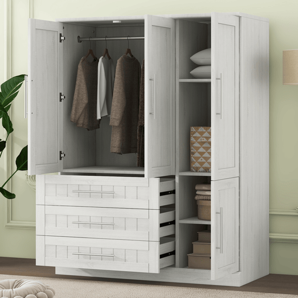 4 Door Wardrobe Armoire Closet with 3 Drawers, White