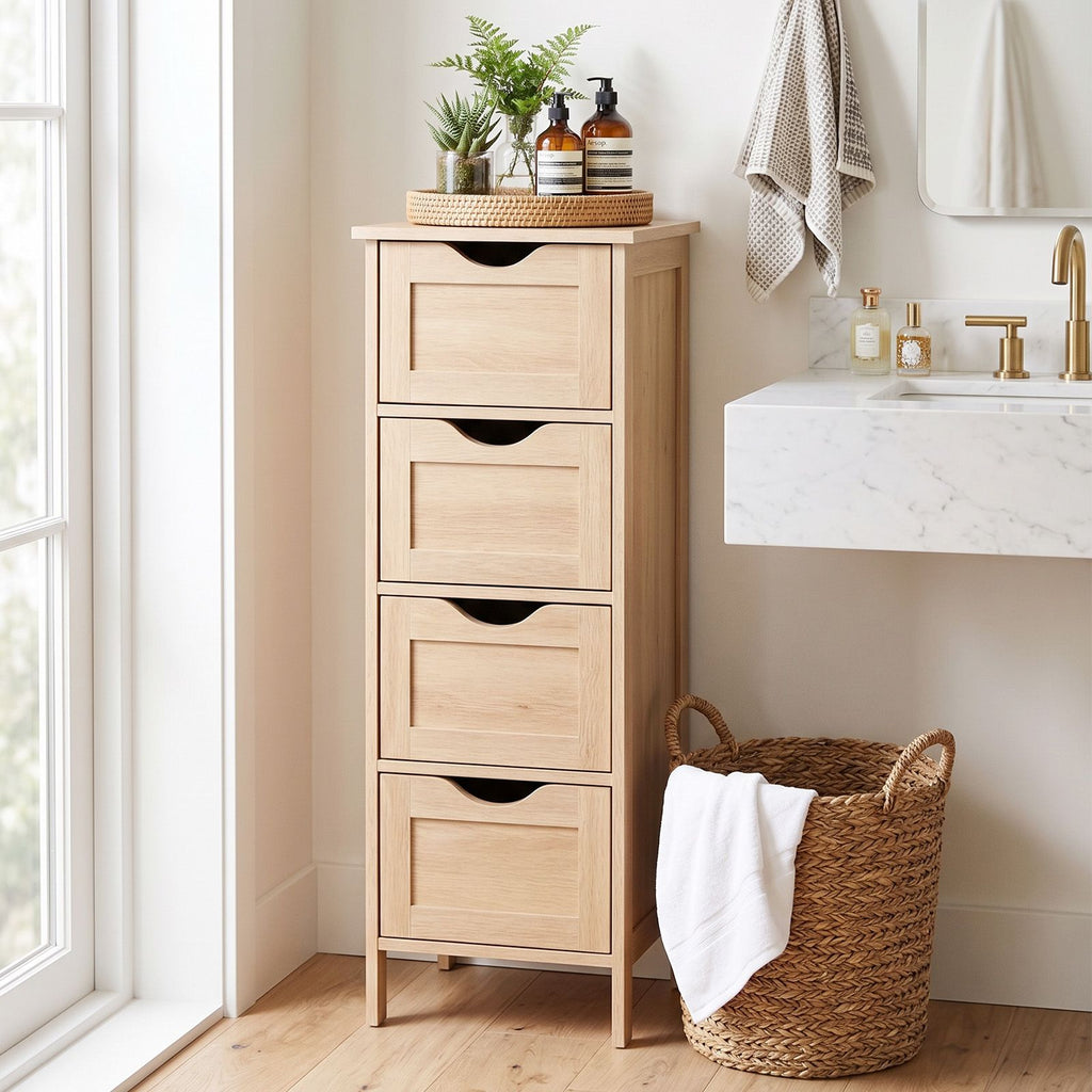 4-Drawer Density Board Triamine Veneer Bathroom Cabinet 11.82*11.82*32.29in Natural Wood