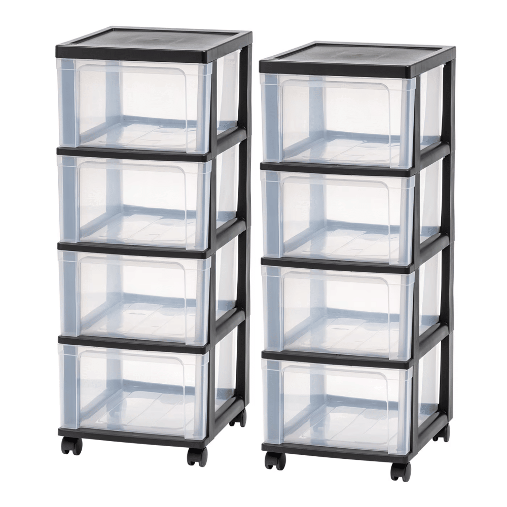 4-Drawer Narrow PlasticStorageDrawer Cart, Black, Set of 2
